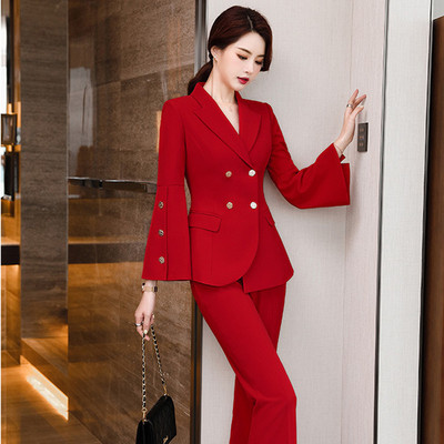 Μόδα Κόκκινο Χρώμα Διπλό Σετ Μπλέιζερ Γυναικεία Παντελόνια Κοστούμια Γραφείου Κυρία Επαγγελματική Εργασία Επίσημο Παντελόνι Γυναικείο 2022 Νέο