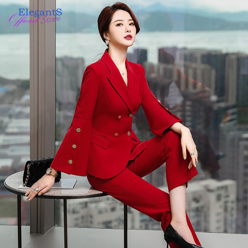 Μόδα Κόκκινο Χρώμα Διπλό Σετ Μπλέιζερ Γυναικεία Παντελόνια Κοστούμια Γραφείου Κυρία Επαγγελματική Εργασία Επίσημο Παντελόνι Γυναικείο 2022 Νέο