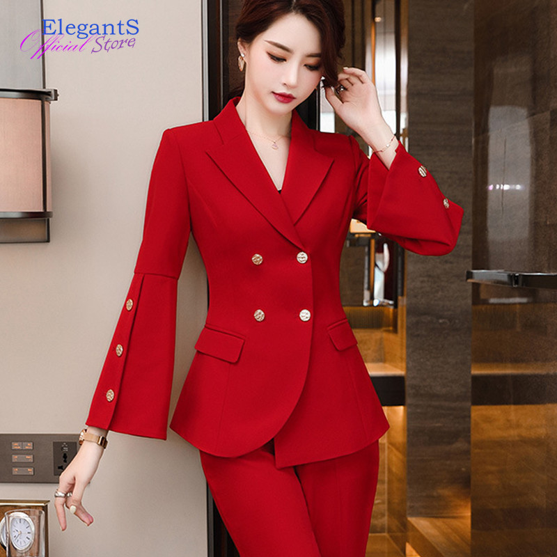 Μόδα Κόκκινο Χρώμα Διπλό Σετ Μπλέιζερ Γυναικεία Παντελόνια Κοστούμια Γραφείου Κυρία Επαγγελματική Εργασία Επίσημο Παντελόνι Γυναικείο 2022 Νέο
