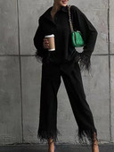 Kumsvag 2022 Καλοκαίρι Γυναικεία Σετ 2 τεμαχίων Κοστούμια Μόδα Πουκάμισα με μασίφ φτερά Μπλούζες και ίσια παντελόνια Γυναικεία κοστούμια δρόμου Ρούχα