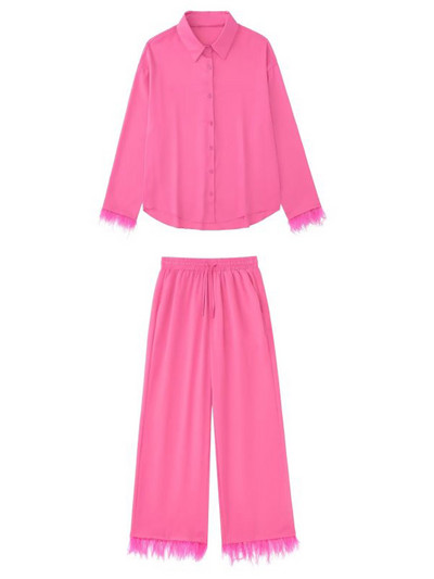 Kumsvag 2022 Καλοκαίρι Γυναικεία Σετ 2 τεμαχίων Κοστούμια Μόδα Πουκάμισα με μασίφ φτερά Μπλούζες και ίσια παντελόνια Γυναικεία κοστούμια δρόμου Ρούχα