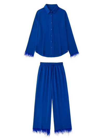 Kumsvag 2022 Καλοκαίρι Γυναικεία Σετ 2 τεμαχίων Κοστούμια Μόδα Πουκάμισα με μασίφ φτερά Μπλούζες και ίσια παντελόνια Γυναικεία κοστούμια δρόμου Ρούχα