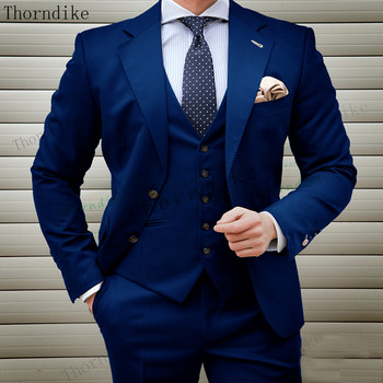 Thorndike 2020 Нов мъжки костюм 3 части смокинг Slim Fit червено кафе синьо за сватбена рокля Костюми Блейзър Панталон и жилетка