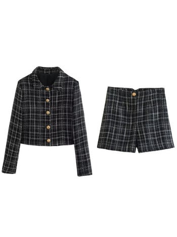 Kumsvag Plaid Veins Shorts Suits Комплекти от 2 части 2022 Есен Дамски ежедневни якета Палта и къси панталони Женски елегантен костюм Облекло