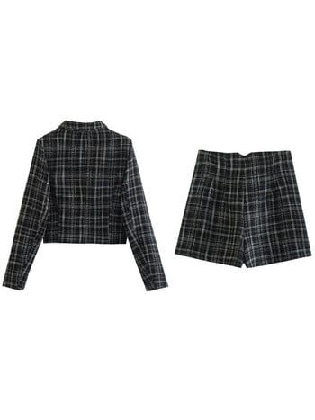 Kumsvag Plaid Veins Shorts Suits Комплекти от 2 части 2022 Есен Дамски ежедневни якета Палта и къси панталони Женски елегантен костюм Облекло