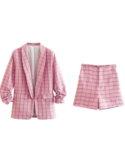 Kumsvag 2022 Καλοκαίρι Γυναικεία καρό σορτς Κοστούμια 2 τεμαχίων Casual Loose Blazers Παλτό και σορτς Γυναικεία Κομψά ρούχα του δρόμου