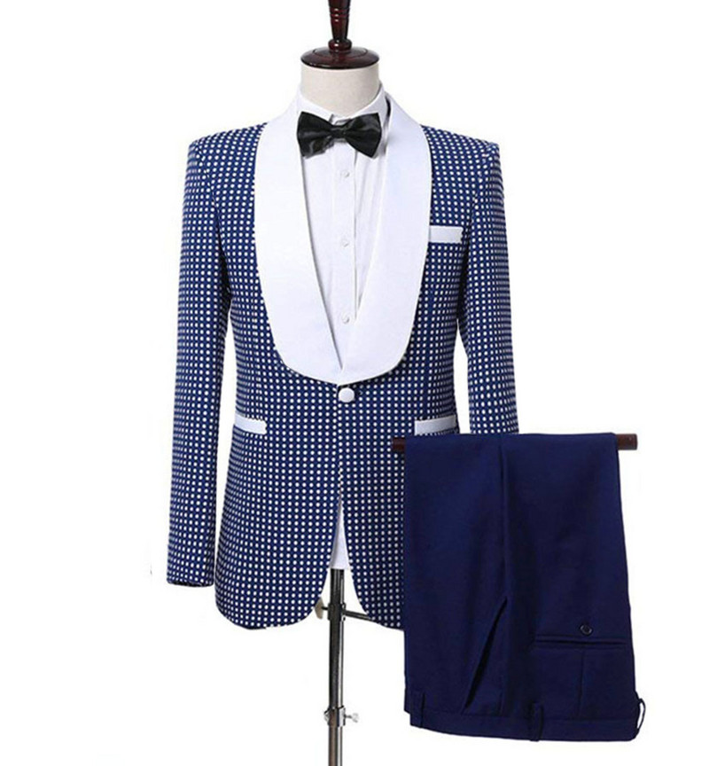 Ανδρική φόρμα δύο τεμαχίων Royal Blue ανδρική πουά Groomsmen Shawl Lapel Ανδρική φόρμα για γάμο γαμπρός με σμόκιν (Blazer+Pants)