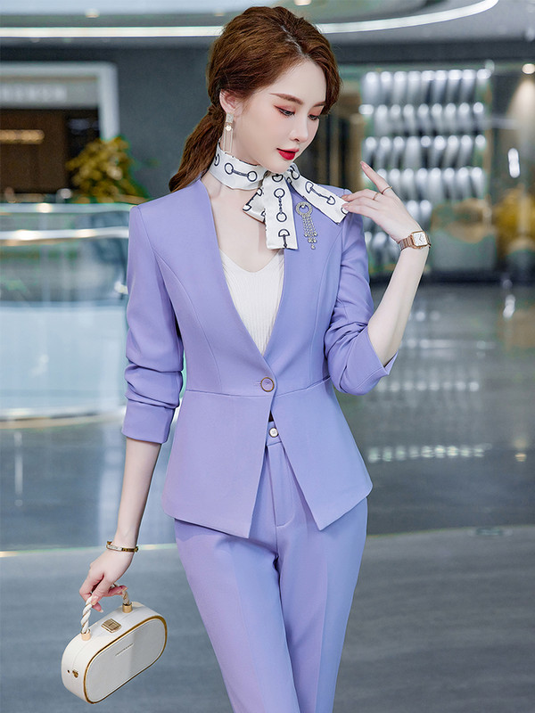 Μπλε Μωβ Πράσινο Μαύρο Γυναικείο Παντελόνι Γυναικείο Γυναικείο Κοστούμι Γυναικείο Slim 2 τεμαχίων Γυναικείο επαγγελματικό φόρεμα σακάκι και παντελόνι με λαιμόκοψη V