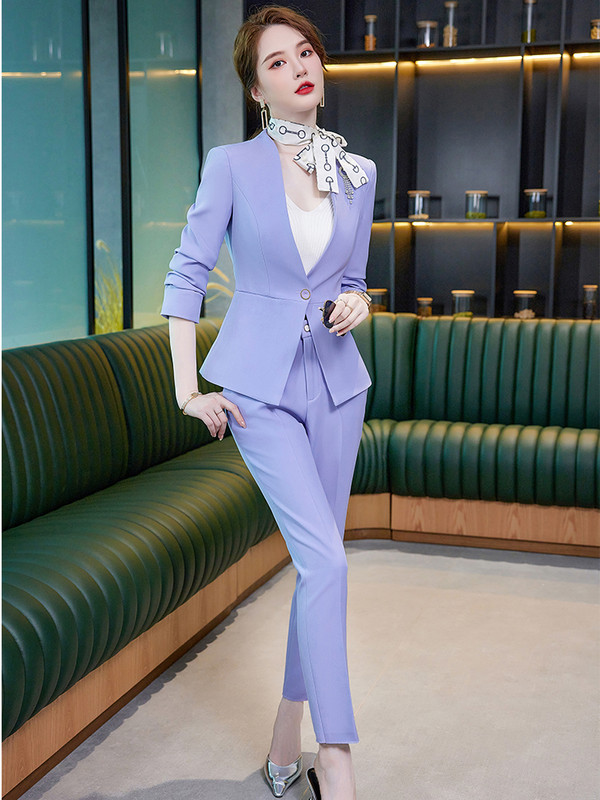 Μπλε Μωβ Πράσινο Μαύρο Γυναικείο Παντελόνι Γυναικείο Γυναικείο Κοστούμι Γυναικείο Slim 2 τεμαχίων Γυναικείο επαγγελματικό φόρεμα σακάκι και παντελόνι με λαιμόκοψη V