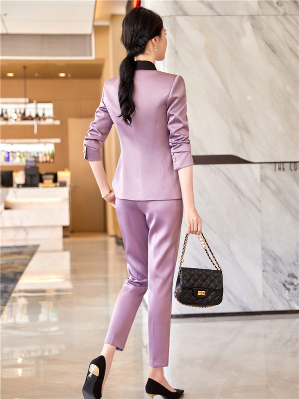 Γυναικείο Σετ Σατέν κοστούμι δύο τεμαχίων Μωβ Vintage Γυναικείο κοστούμι Γυναικείο ψηλόμεσο παντελόνι με μονό κουμπί με γιακά με σάλι