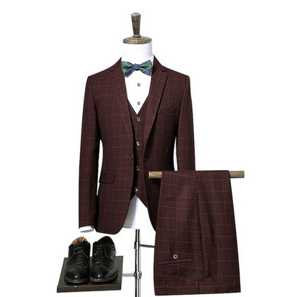 Ανδρικά κοστούμια Three Pieces Slim Fit γκρι/Μπλε καρό κοστούμι Ανδρικό μπουφάν για επαγγελματικό γαμπρό σμόκιν για το βράδυ του γάμου (Blazer+Γιλέκο+Παντελόνι)