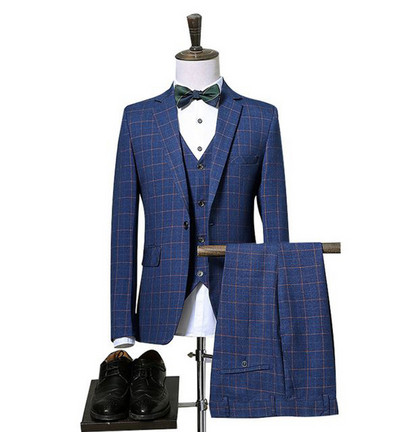 Ανδρικά κοστούμια Three Pieces Slim Fit γκρι/Μπλε καρό κοστούμι Ανδρικό μπουφάν για επαγγελματικό γαμπρό σμόκιν για το βράδυ του γάμου (Blazer+Γιλέκο+Παντελόνι)