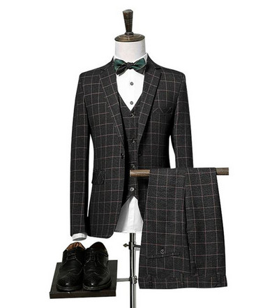 Ανδρικά κοστούμια Three Pieces Slim Fit γκρι/Μπλε καρό κοστούμι Ανδρικό μπουφάν για επαγγελματικό γαμπρό σμόκιν για το βράδυ του γάμου (Blazer+Γιλέκο+Παντελόνι)