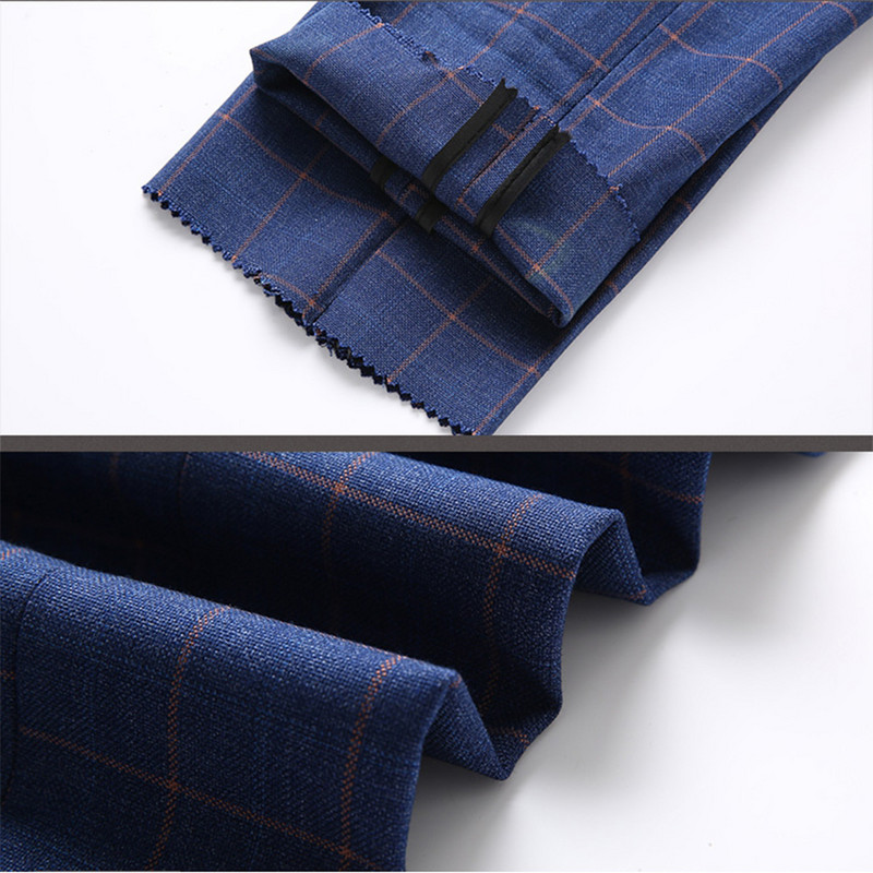 Ανδρικά κοστούμια Three Pieces Slim Fit γκρι/Μπλε καρό κοστούμι Ανδρικό μπουφάν για επαγγελματικό γαμπρό σμόκιν για το βράδυ του γάμου (Blazer+Γιλέκο+Παντελόνι)