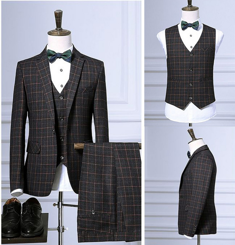 Ανδρικά κοστούμια Three Pieces Slim Fit γκρι/Μπλε καρό κοστούμι Ανδρικό μπουφάν για επαγγελματικό γαμπρό σμόκιν για το βράδυ του γάμου (Blazer+Γιλέκο+Παντελόνι)