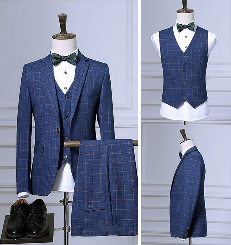 Ανδρικά κοστούμια Three Pieces Slim Fit γκρι/Μπλε καρό κοστούμι Ανδρικό μπουφάν για επαγγελματικό γαμπρό σμόκιν για το βράδυ του γάμου (Blazer+Γιλέκο+Παντελόνι)