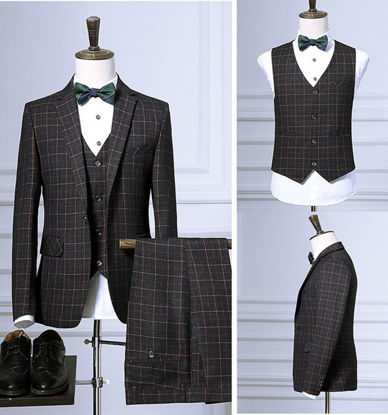 Ανδρικά κοστούμια Three Pieces Slim Fit γκρι/Μπλε καρό κοστούμι Ανδρικό μπουφάν για επαγγελματικό γαμπρό σμόκιν για το βράδυ του γάμου (Blazer+Γιλέκο+Παντελόνι)