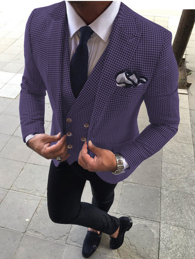 Ανδρικά κοστούμια 3 τεμαχίων Slim Fit Business Jacket Groom Houndstooth μάλλινο σμόκιν για επίσημο γαμήλιο πάρτι (Blazer+Pants+Jest)