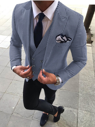 Ανδρικά κοστούμια 3 τεμαχίων Slim Fit Business Jacket Groom Houndstooth μάλλινο σμόκιν για επίσημο γαμήλιο πάρτι (Blazer+Pants+Jest)