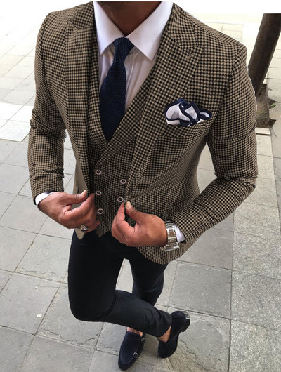 Ανδρικά κοστούμια 3 τεμαχίων Slim Fit Business Jacket Groom Houndstooth μάλλινο σμόκιν για επίσημο γαμήλιο πάρτι (Blazer+Pants+Jest)
