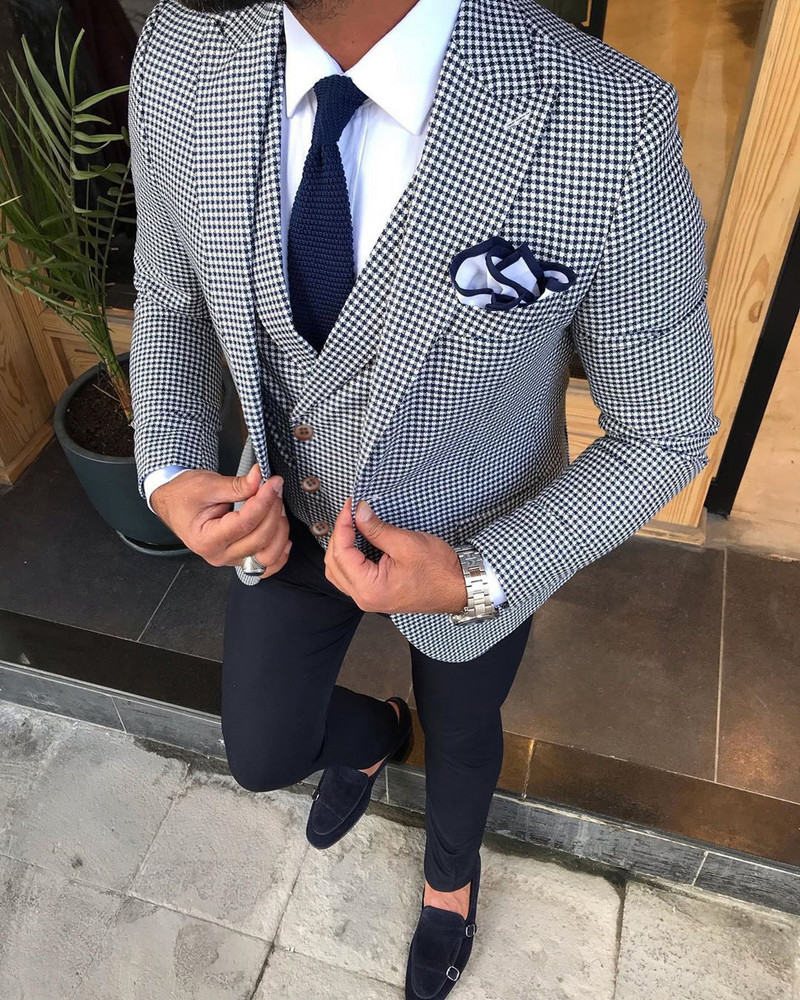 Ανδρικά κοστούμια 3 τεμαχίων Slim Fit Business Jacket Groom Houndstooth μάλλινο σμόκιν για επίσημο γαμήλιο πάρτι (Blazer+Pants+Jest)