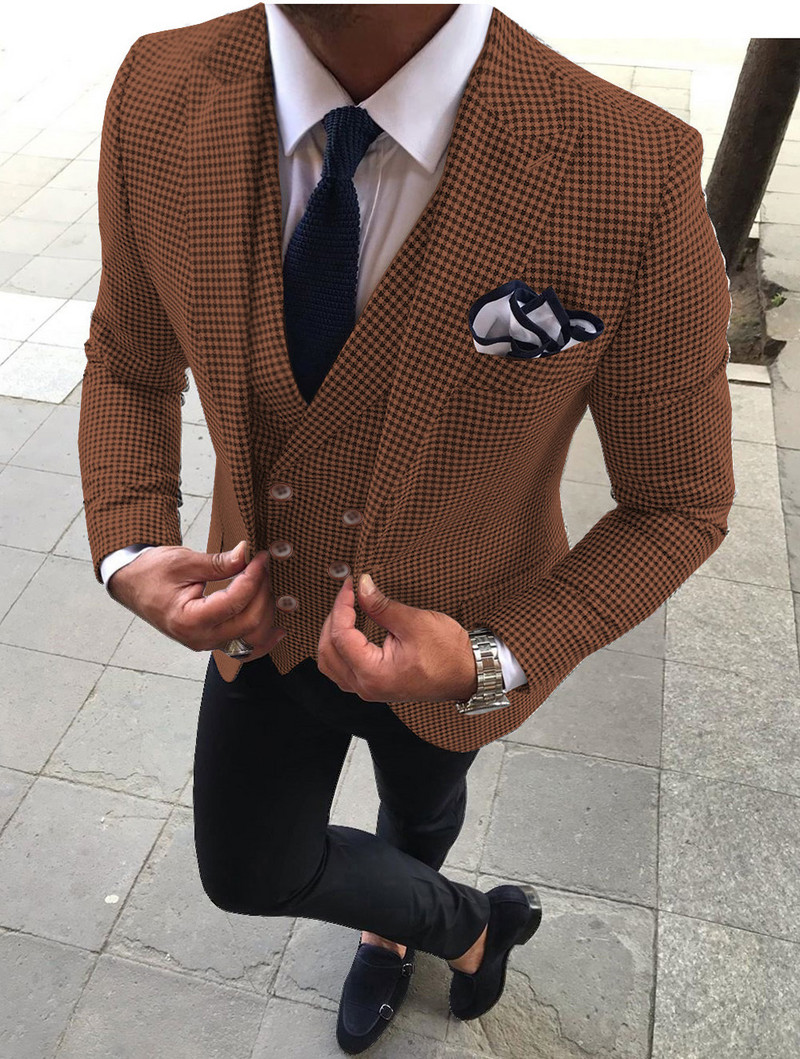 Ανδρικά κοστούμια 3 τεμαχίων Slim Fit Business Jacket Groom Houndstooth μάλλινο σμόκιν για επίσημο γαμήλιο πάρτι (Blazer+Pants+Jest)