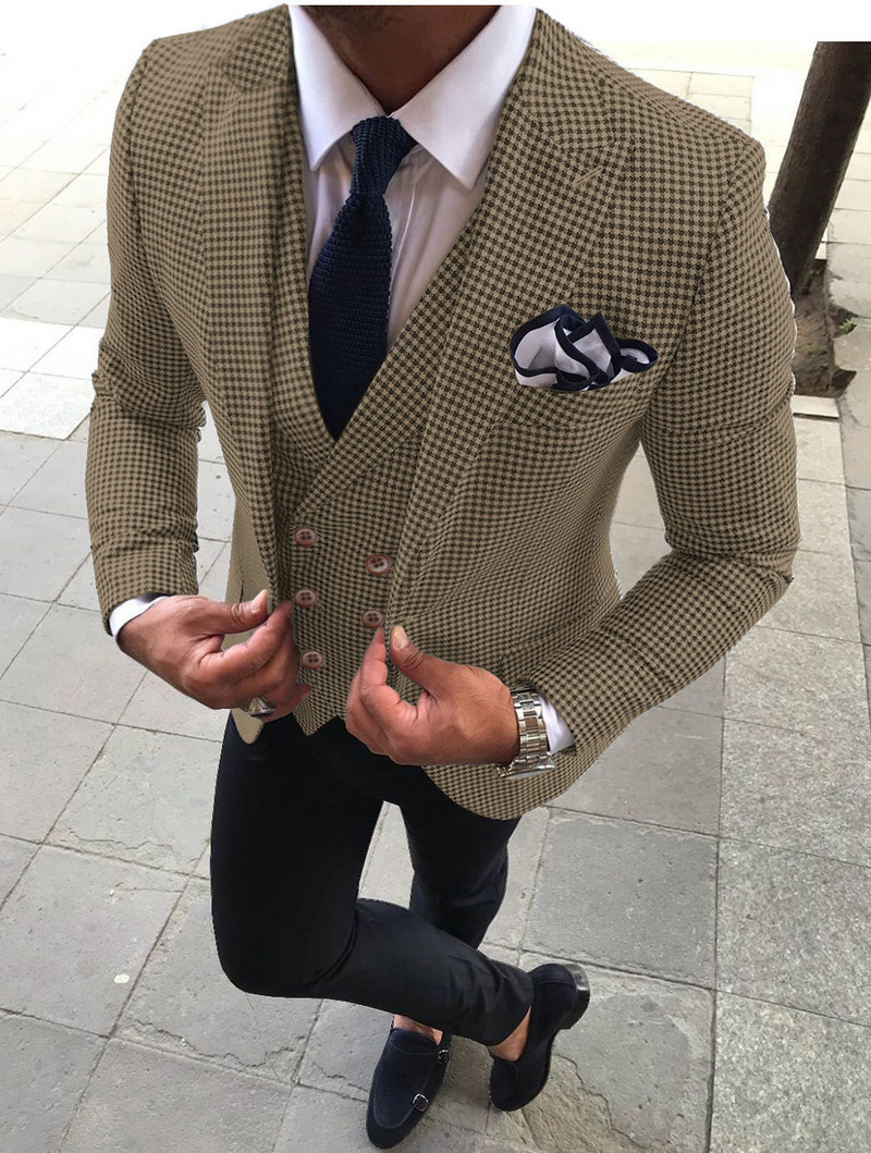 Ανδρικά κοστούμια 3 τεμαχίων Slim Fit Business Jacket Groom Houndstooth μάλλινο σμόκιν για επίσημο γαμήλιο πάρτι (Blazer+Pants+Jest)