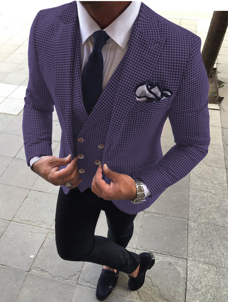 Ανδρικά κοστούμια 3 τεμαχίων Slim Fit Business Jacket Groom Houndstooth μάλλινο σμόκιν για επίσημο γαμήλιο πάρτι (Blazer+Pants+Jest)