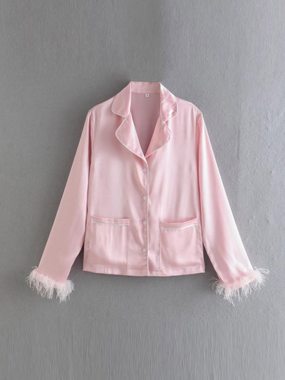 Kumsvag 2022 Καλοκαιρινή Γυναικεία Casual Κοστούμια 2 τεμαχίων Σετ Πουκάμισα με φτέρωμα τοπ και παντελόνια Γυναικεία μόδα Street Δύο τεμάχια Ρούχα