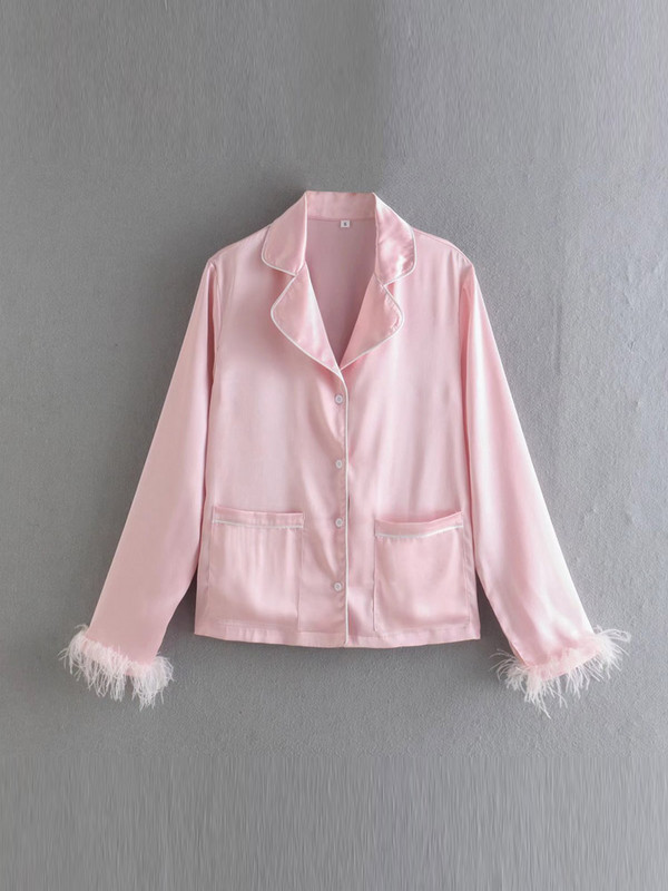 Kumsvag 2022 Καλοκαιρινή Γυναικεία Casual Κοστούμια 2 τεμαχίων Σετ Πουκάμισα με φτέρωμα τοπ και παντελόνια Γυναικεία μόδα Street Δύο τεμάχια Ρούχα