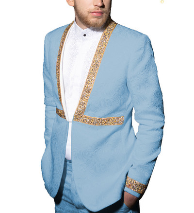 Ανδρικό κοστούμι δύο τεμαχίων casual κοστούμι ζακάρ με μοτίβο για κουμπάρους (Blazer+Pants)