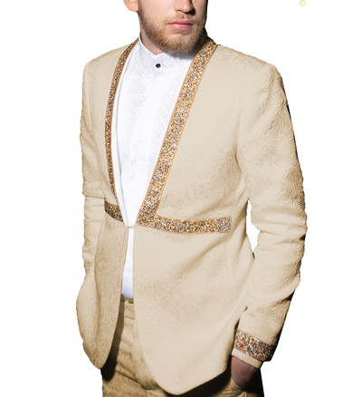 Ανδρικό κοστούμι δύο τεμαχίων casual κοστούμι ζακάρ με μοτίβο για κουμπάρους (Blazer+Pants)