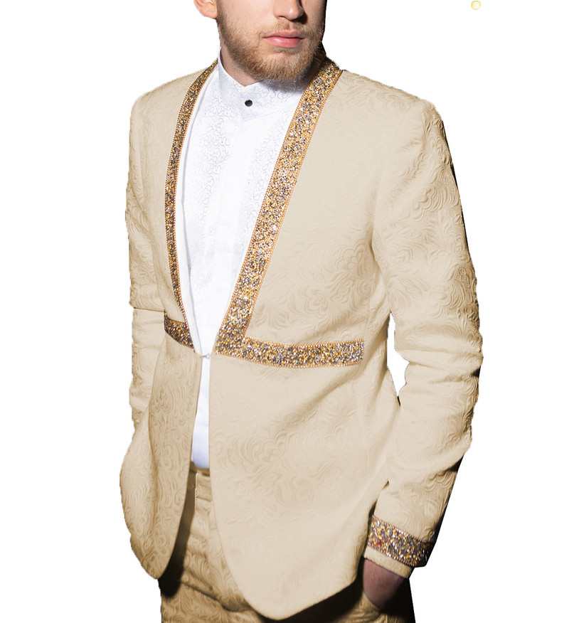 Ανδρικό κοστούμι δύο τεμαχίων casual κοστούμι ζακάρ με μοτίβο για κουμπάρους (Blazer+Pants)