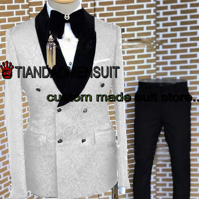 Ανδρικό κοστούμι δύο τεμαχίων νυφικό σμόκιν γαμπρός με διπλό στήθος Σετ τζάκετ Ζακάρ Επίσημο παντελόνι σακάκι με πέτο conjuntos de chaqueta