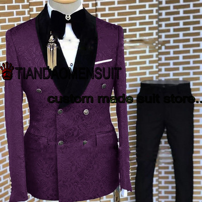 Ανδρικό κοστούμι δύο τεμαχίων νυφικό σμόκιν γαμπρός με διπλό στήθος Σετ τζάκετ Ζακάρ Επίσημο παντελόνι σακάκι με πέτο conjuntos de chaqueta