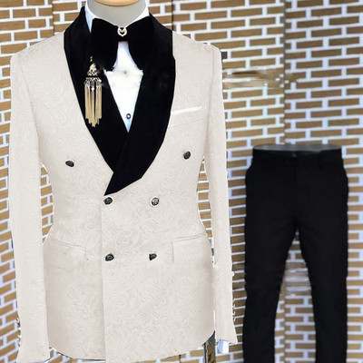 Ανδρικό κοστούμι δύο τεμαχίων νυφικό σμόκιν γαμπρός με διπλό στήθος Σετ τζάκετ Ζακάρ Επίσημο παντελόνι σακάκι με πέτο conjuntos de chaqueta