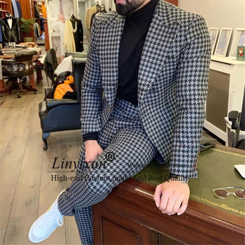 Houndstooth Мъжки костюм Ежедневен бизнес Slim Fit Блейзър Мъжко зимно абитуриентско облекло за младоженеца Смокинг Комплект от 2 части Terno Masculino Яке+панталон