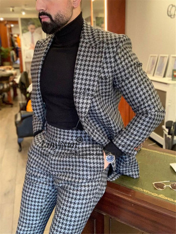 Houndstooth Мъжки костюм Ежедневен бизнес Slim Fit Блейзър Мъжко зимно абитуриентско облекло за младоженеца Смокинг Комплект от 2 части Terno Masculino Яке+панталон