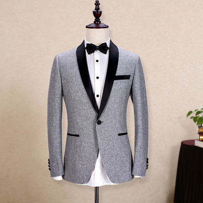 Ανδρικά Κοστούμια Σάλι Γιακάς 2 τεμαχίων Λεπτή Εφαρμογή Γκρι Κοστούμι Ανδρικό Γαμπρός Μάλλινο Μπουφάν Σμόκιν για Γάμο(Μπλάζερ+Παντελόνι+Γραβάτα)