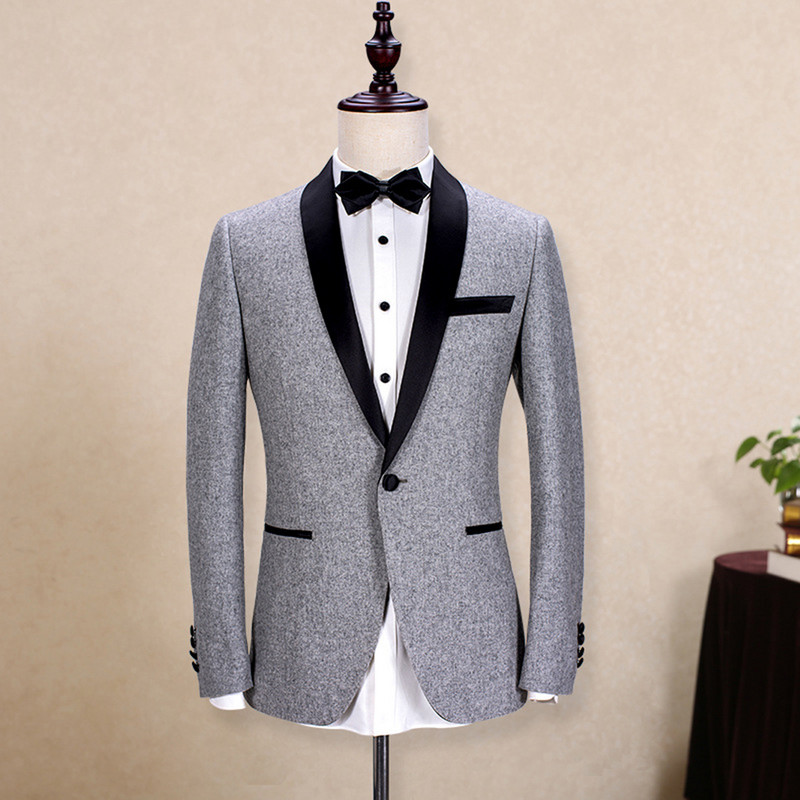 Ανδρικά Κοστούμια Σάλι Γιακάς 2 τεμαχίων Λεπτή Εφαρμογή Γκρι Κοστούμι Ανδρικό Γαμπρός Μάλλινο Μπουφάν Σμόκιν για Γάμο(Μπλάζερ+Παντελόνι+Γραβάτα)