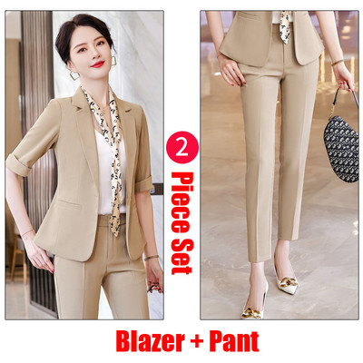 Γυναικεία επαγγελματικά κοστούμια παντελόνι και τζάκετ Γυναικεία βερίκοκο σακάκι Γυναικεία κοστούμια παντελονιών και σακάκια μισό μανίκι εργασίας Γραφείο ομοιόμορφο στυλ παντελόνι