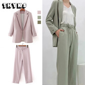 Σετ δύο τεμαχίων γραφείο Γυναικείο κοστούμι blazers ψηλόμεσο Φαρδύ παντελόνι κοστούμι πράσινο ροζ παντελόνι εργασίας Μπουφάν OL Παλτό Κορεάτικο