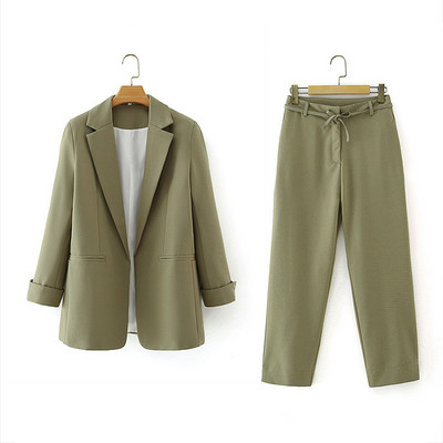 Σετ δύο τεμαχίων γραφείο Γυναικείο κοστούμι blazers ψηλόμεσο Φαρδύ παντελόνι κοστούμι πράσινο ροζ παντελόνι εργασίας Μπουφάν OL Παλτό Κορεάτικο