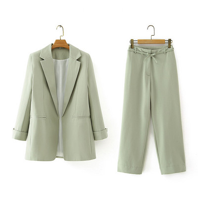 Σετ δύο τεμαχίων γραφείο Γυναικείο κοστούμι blazers ψηλόμεσο Φαρδύ παντελόνι κοστούμι πράσινο ροζ παντελόνι εργασίας Μπουφάν OL Παλτό Κορεάτικο