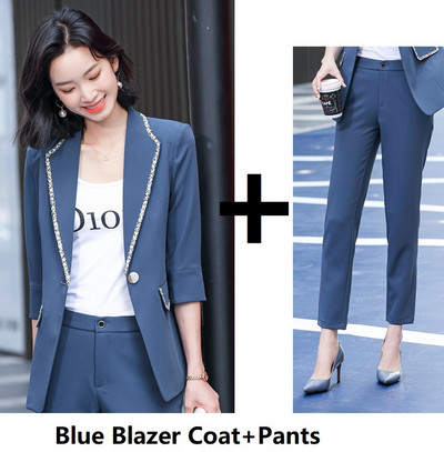 Κομψό OL Styles Blue Blazer Παντελόνι σετ δύο τεμαχίων Γυναικεία ρούχα γραφείου Γυναικεία επαγγελματικά κοστούμια Career Blazers Jackets Παλτό Plus Size