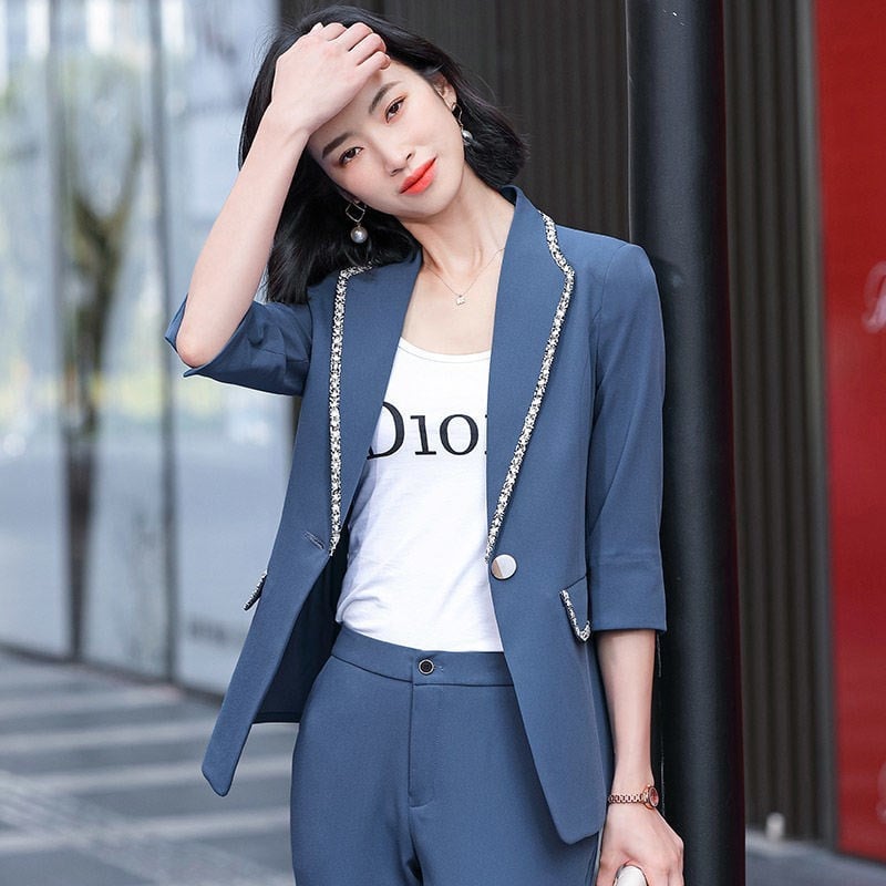 Κομψό OL Styles Blue Blazer Παντελόνι σετ δύο τεμαχίων Γυναικεία ρούχα γραφείου Γυναικεία επαγγελματικά κοστούμια Career Blazers Jackets Παλτό Plus Size