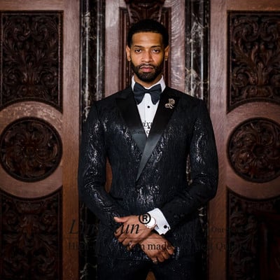 Fényes flitteres fekete férfi öltöny esküvőre 2 részes kabát nadrág szett Vőlegény szmoking karcsú férfi báli blézer Terno Masculino