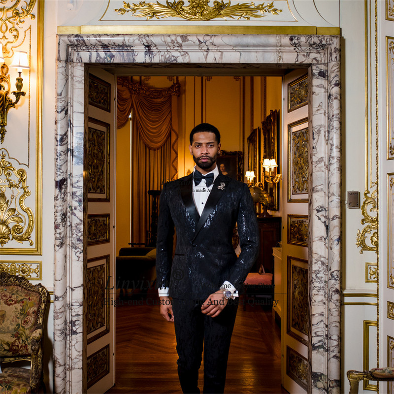 Fényes flitteres fekete férfi öltöny esküvőre 2 részes kabát nadrág szett Vőlegény szmoking karcsú férfi báli blézer Terno Masculino