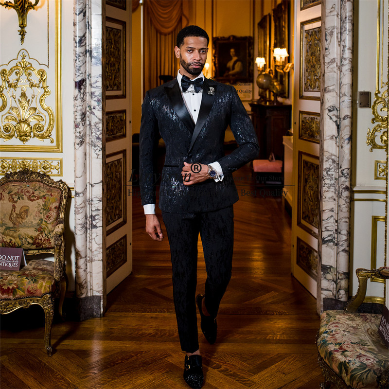 Fényes flitteres fekete férfi öltöny esküvőre 2 részes kabát nadrág szett Vőlegény szmoking karcsú férfi báli blézer Terno Masculino