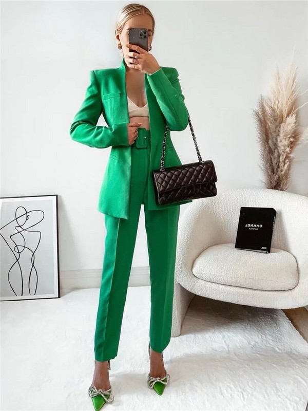 Női elegáns zöld karcsú blézer öltöny 2022 tavaszi ősz női édes, tömör ceruzanadrág öltöny Női alap blézer 2 db szett